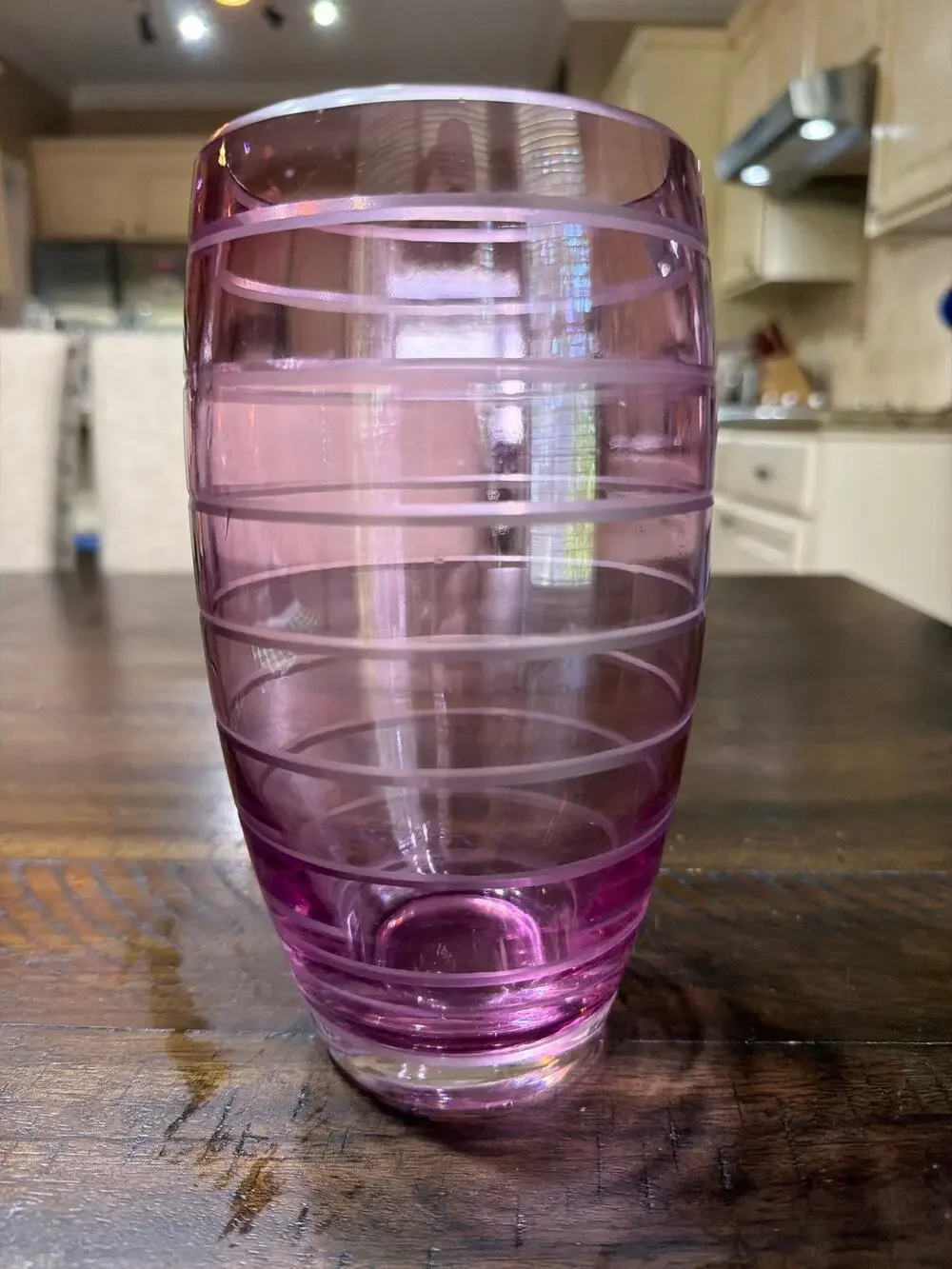 Rose Pink Glass Large Vase Etched Pink Stripes Bands 8